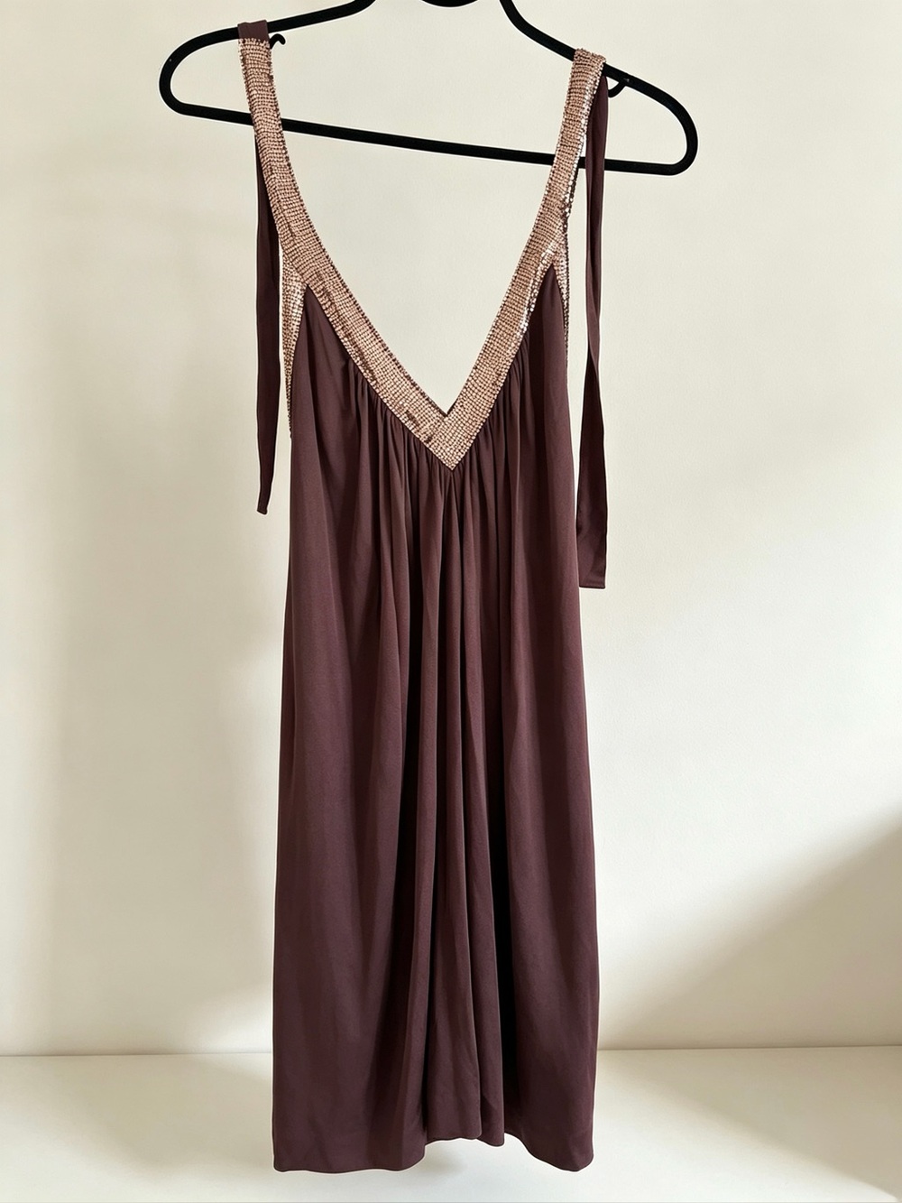 BCBGMAXAZRIA Halter Dress, Rose Gold Beaded Deep V Neck
